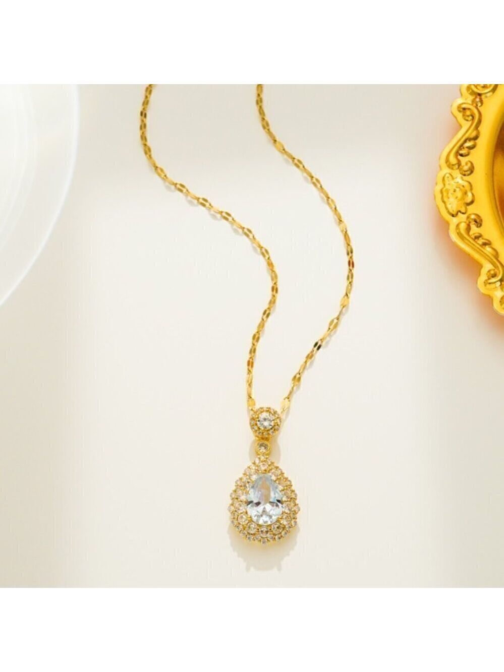 18K Gold Plated Stainless Steel Simulated Diamond Tear Drop Pendant Necklace